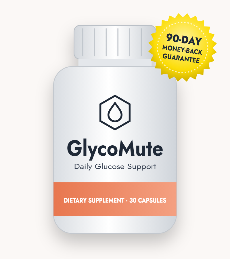 GlycoMute glucose support supplement bottle with 90-day money-back guarantee